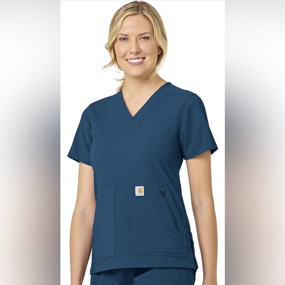 Carhartt Women's XS Pocket V-Neck Scrub Top Caribbean - Picture 2 of 2